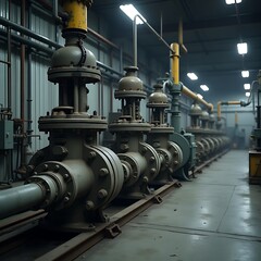 Vintage industrial steam engines with powerful metal pipes and machinery at a railway station and factory
