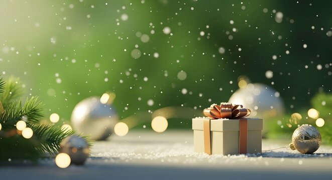 A Christmas gift box with a bow sits amidst ornaments, pine needles, and falling snow against a blurred green background.