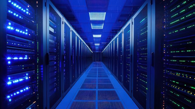 A long corridor filled with server racks in a data center with blue lighting and a grid floor design - Powered by Adobe