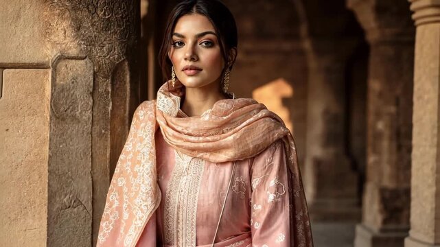 Elegant woman in traditional dress poses in an ancient stone corridor.