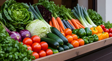 A colorful and abundant display of fresh vegetables, showcasing a vibrant array of garden produce with crisp textures, highlighting the beauty and variety of nature's bounty creating a visually