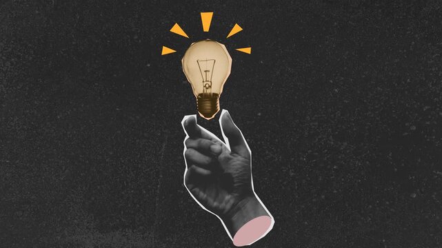 stop motion Hand holding light bulb symbolizes a businessman's creative energy and innovative , Modern retro animation 4k 2d, stop motion 