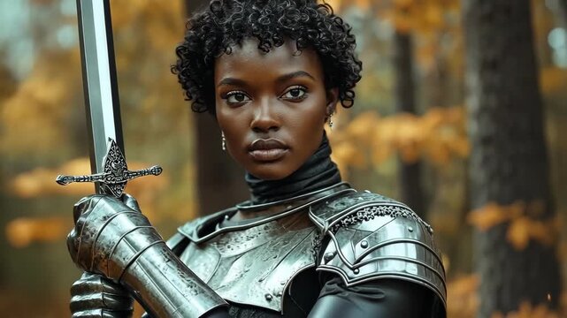 Strong female knight in shining armor holds a sword in a forest setting.