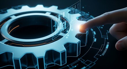 Engineering and industry concept. A close-up of a finger touching a single, large holographic gear, symbolizing precision engineering or a system's core.