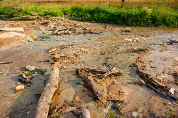 Obraz premium A stream of water during a heavy rain carried branches and stones onto the road