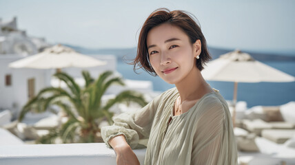 女性が白いテラスで穏やかに笑む夏の日