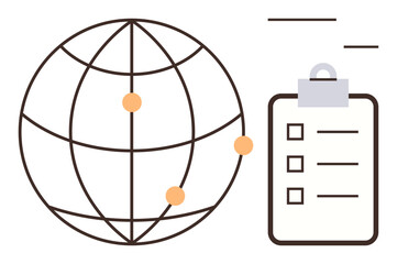 Globe with connectivity points next to a clipboard checklist, symbolizing global organization, planning, logistics, collaboration, project management, communication, and information flow. Ideal
