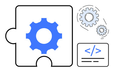 Gear embedded in a puzzle piece, two additional gears, and a coding symbol emphasize teamwork, development, problem-solving, and technology. Ideal for coding, software, engineering teamwork