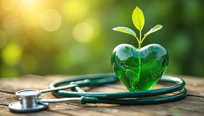 Green heart-shaped globe with stethoscope eco-friendly healthcare, global sustainability. Sprout grows from heart, signifying healthy planet, life. Medical tool rests on wooden surface, suggesting