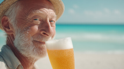 高齢男性が海辺でビールを笑顔で味わう姿