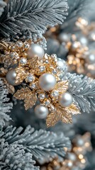 Elegant Christmas ornament on snowy fir branch with festive holiday decor background.