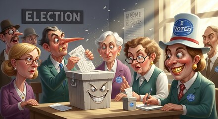 Group of Diverse Voters Casting Ballots at Cartoon Style Polling Station with Funny Election Box