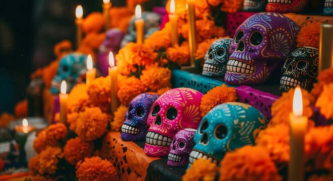 A vibrant ofrenda (altar) for D&iacute;a de los Muertos, featuring multiple colorful, painted Calaveras (sugar skulls) decorated with bright orange marigold flowers and lit candles.