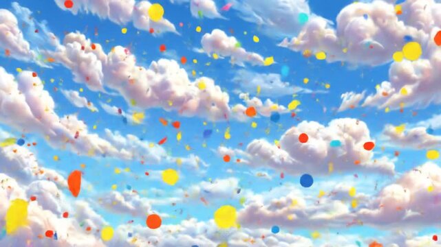 Whimsical sky scene with fluffy clouds and a sprinkle of colorful dots creates a cheerful and dreamy atmosphere