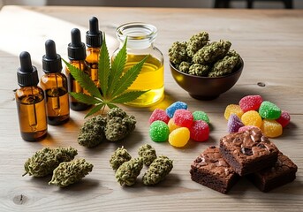 Assortment of cannabis products including oil tinctures buds edibles and gummies on a wooden surface