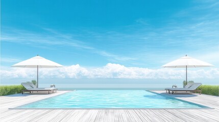 An outdoor infinity pool with lounge chairs and umbrellas on wooden decking, set against a blue sky, clouds, and the sea, surrounded by greenery.