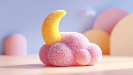 Pastel pink cloud with a yellow crescent moon