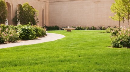 A well - maintained garden with lush green lawn, flowering bushes, a curved pathway, a fountain, and a beige building with arches in the background.