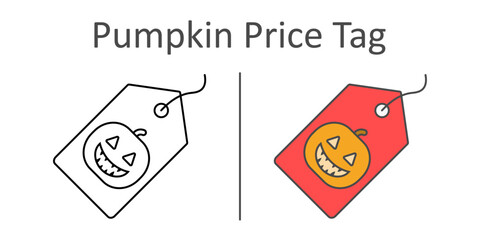 Price tag with jack-o’-lantern face, pumpkin price tag icon for Halloween sales, discounts, and spooky retail promotions.
