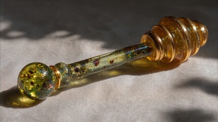 Elegant glass honey dipper with illuminated by soft sunlight against a textured backdrop.