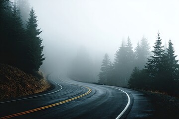 Winding road through a misty forest