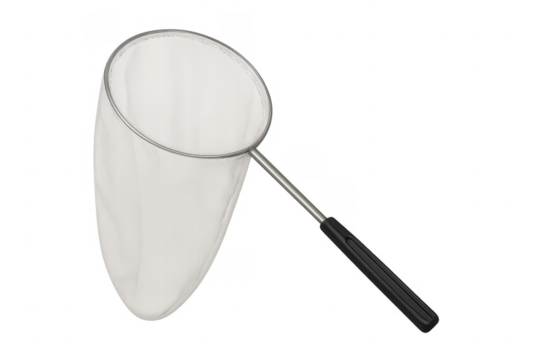 White fishing net with black handle on transparent background