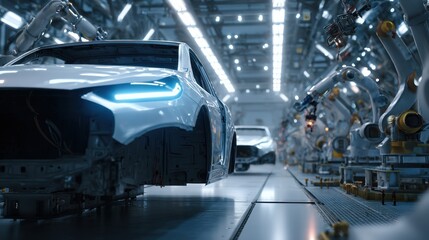 Obraz premium Modern automotive manufacturing plant with robotic assembly lines and sleek vehicles in a high-tech factory environment