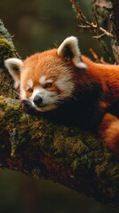 Fototapeta premium Red panda resting a mossy tree branch cute wildlife mobile wallpaper and cozy nature background