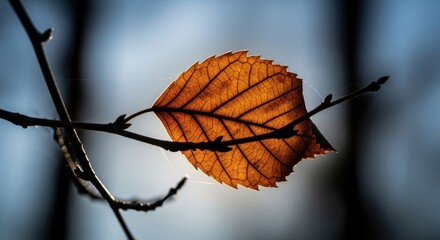 A single, autumnal leaf, backlit, hangs from a branch against a blurred forest background.