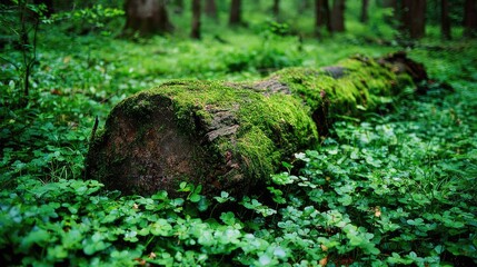 Fallen log covered in moss amongst vibrant green foliage.