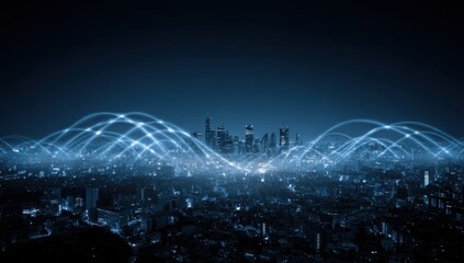 Futuristic digital wave pattern with glowing blue lines and particles over a dark background