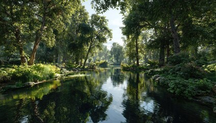 Fototapeta premium Serene park waterway reflecting trees