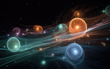 Abstract cosmic scene with swirling nebulae and glowing orbs