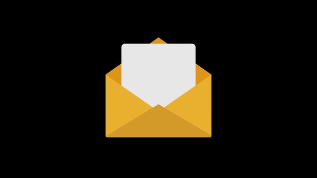 Animation of an open envelope with an empty document. Transparent background. 4K resolution
