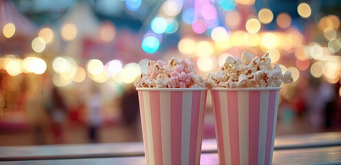 Pink striped popcorn cups at a carnival