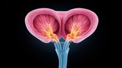 A close up of a pink flower with a blue stem