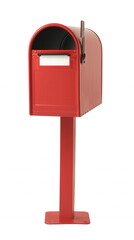 Vibrant red mailbox with rounded top and rectangular mail slot on transparent background