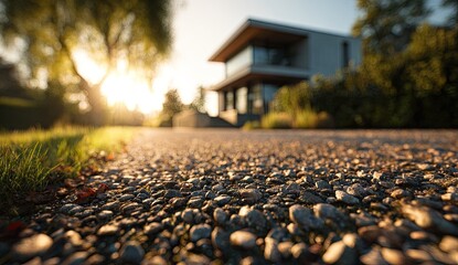 Modern home exterior, paved walkway