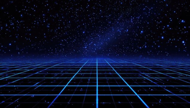 Futuristic digital grid landscape under a starry night