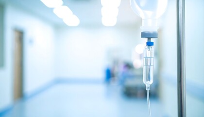 Intravenous drip bag hanging in bright hospital corridor, medical treatment and healthcare concept for commercial use
