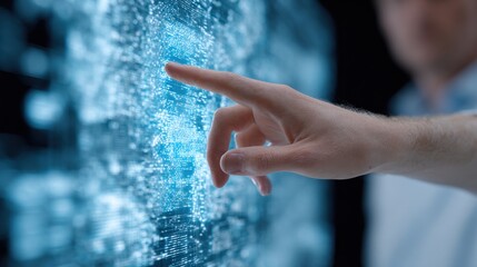 A hand pointing at a blue screen with a lot of dots