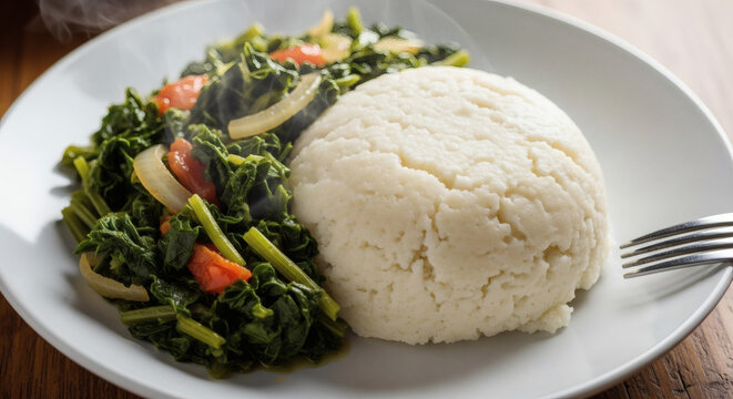 A plate of ugali and sukuma wiki with tomatoes and onions on a white plate with a fork on the side