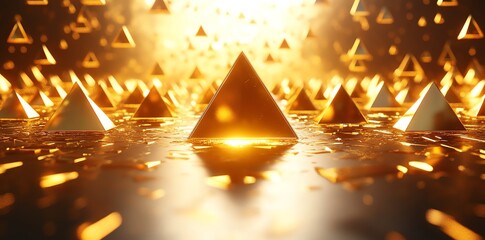 Golden Triangular Pyramids Surrounded by Reflective Water and Glowing Particles in Futuristic Scene