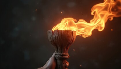 Hand holds wooden torch with vibrant flames against dark background. Illustration history, victory, competition with powerful fiery glow. Warm illumination effect suggests energy, heritage.
