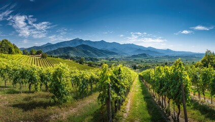 Fototapeta premium Panoramic vineyard landscape with mountains