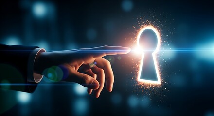 Fototapeta premium Opportunity and discovery concept. A hand reaches towards a holographic keyhole emitting a bright light, symbolizing new opportunities or access.