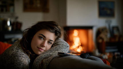 Fototapeta premium Cozy indoor evening with a young woman relaxing by the fireplace in a warmly lit room