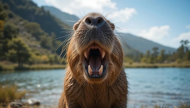 Close up of a capybara yawning near a lake in nature background - Powered by Adobe