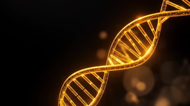 Abstract golden glowing DNA helix science background biotechnology molecular structure, with glowing particles. 4k video