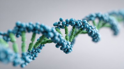 A blue and green DNA strand with many small blue beads